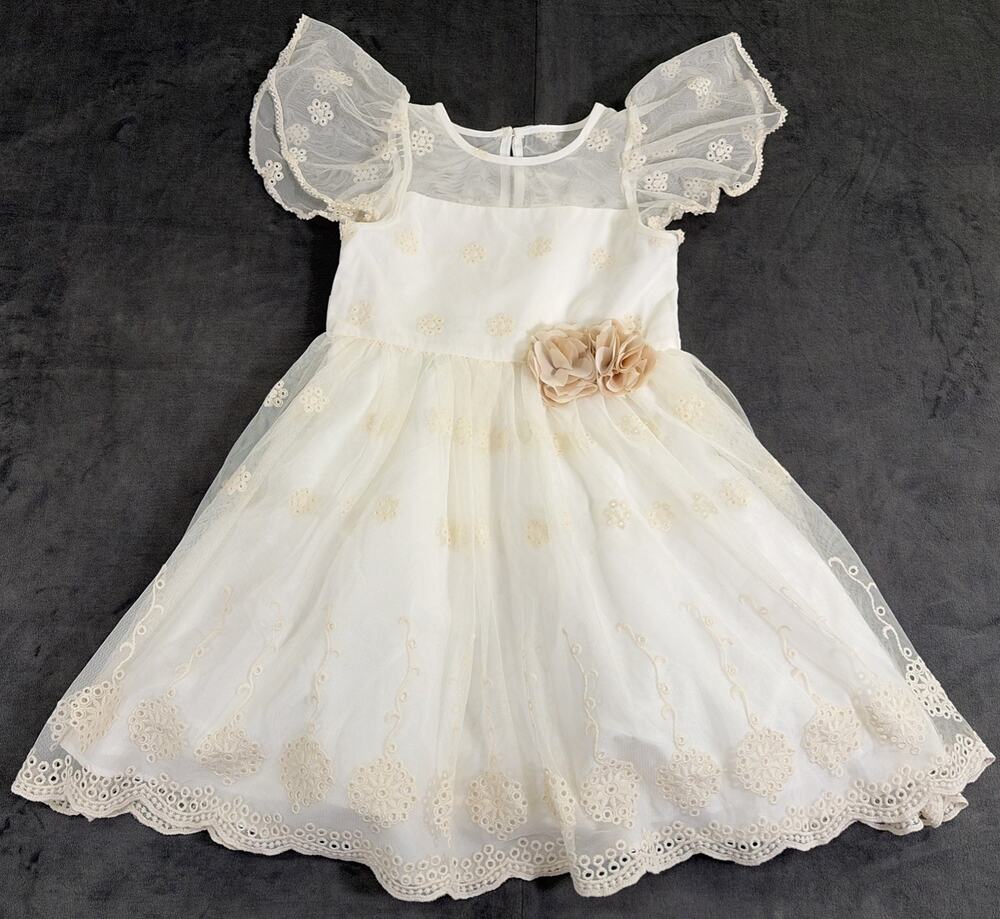 Laura Ashley London Ivory Embroidered Sheer Party Flower Girl Dress Size 5 FS